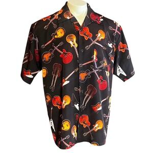 Gibson Tour Wear Short Sleeve Button Up Shirt Black Guitar Print Mens XL